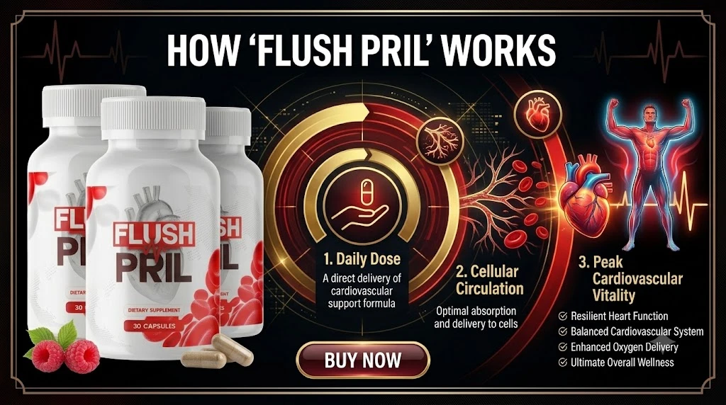 How FlushPril works: daily dose, cellular circulation and cardiovascular vitality, as shown in the vendor graphic
